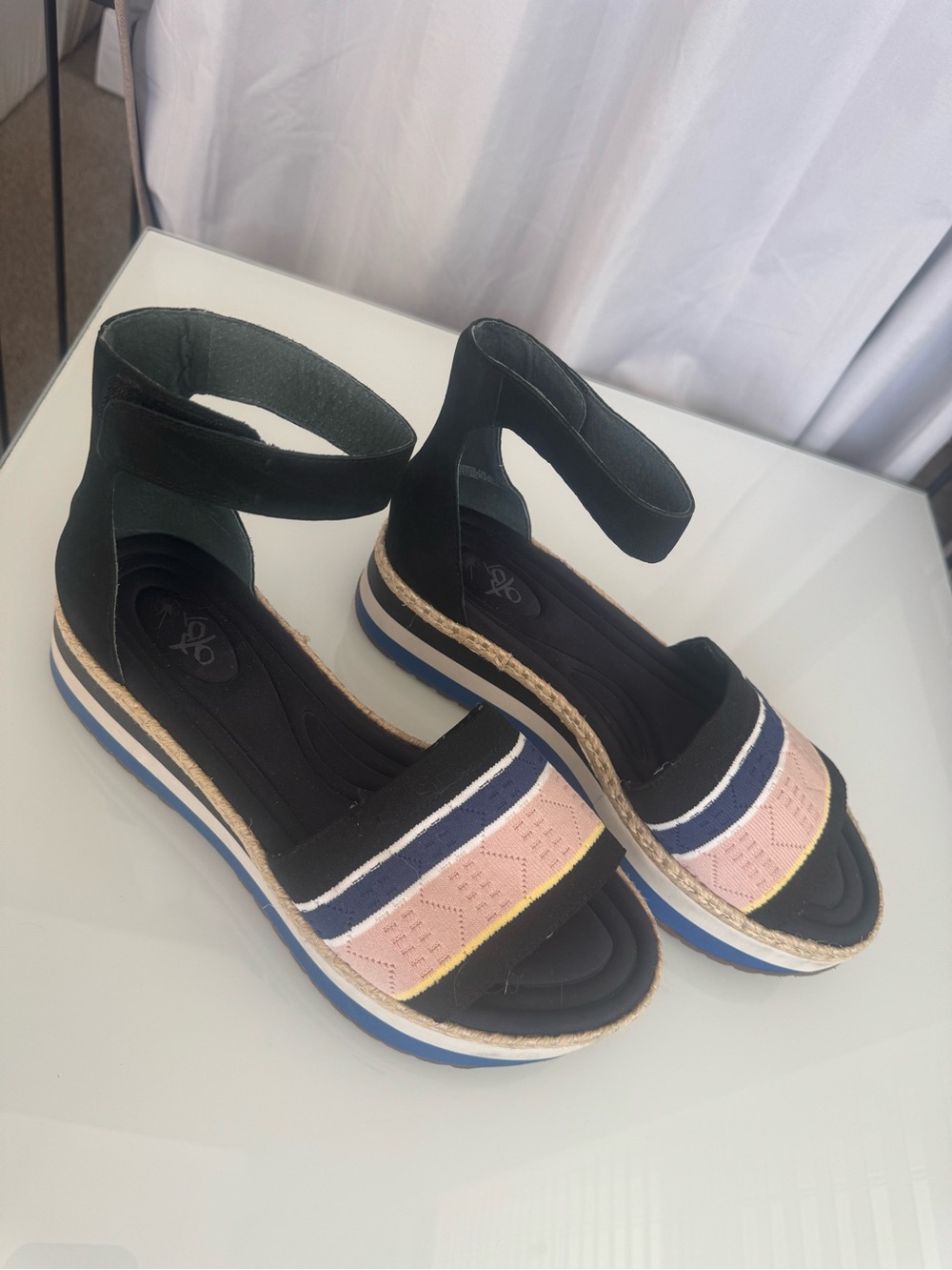 OTBT Clearwater Leather Ankle-Strap Black Wedge Sandals Striped Sz 9.5 Beach